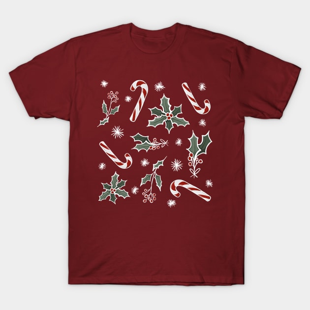 Boughs Of Holly and Candy Canes Festive Pattern Digital Illustration T-Shirt by AlmightyClaire